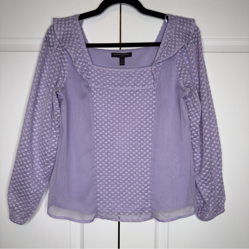 Banana Republic Petite Small Lilac Textured Blouse Square Neck‎ Long Sleeve SP